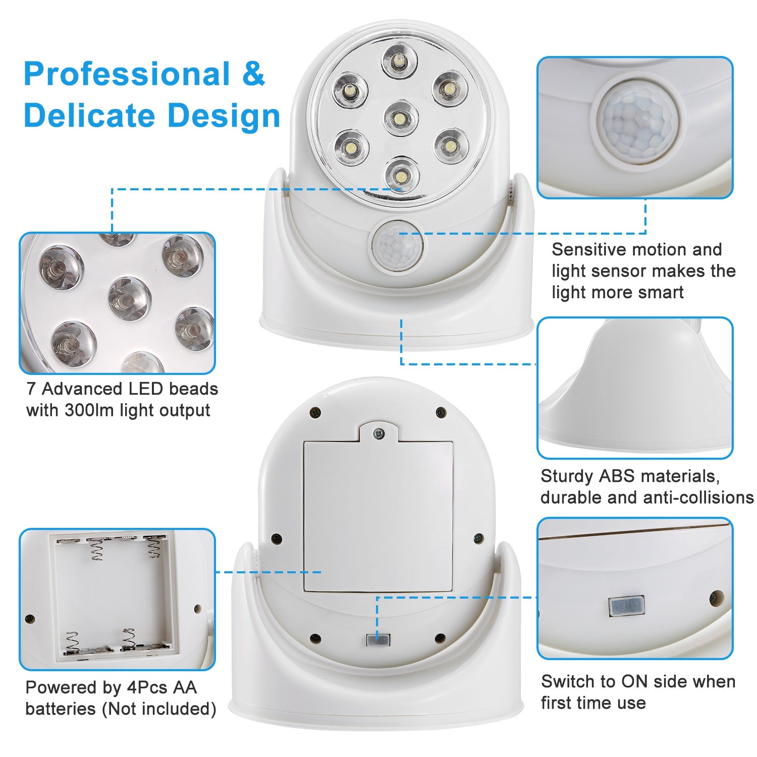 1Pc Wireless LED Spotlight Night Lamp 360 Degree Rotatable With 90 Deg