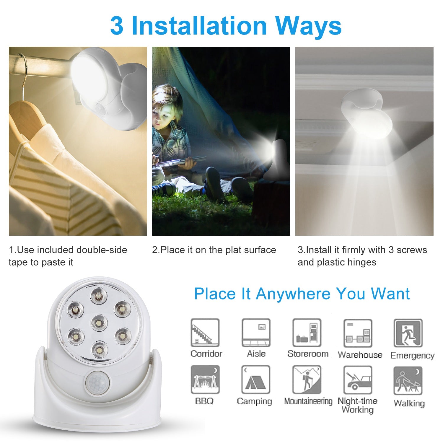 1Pc Wireless LED Spotlight Night Lamp 360 Degree Rotatable With 90 Deg