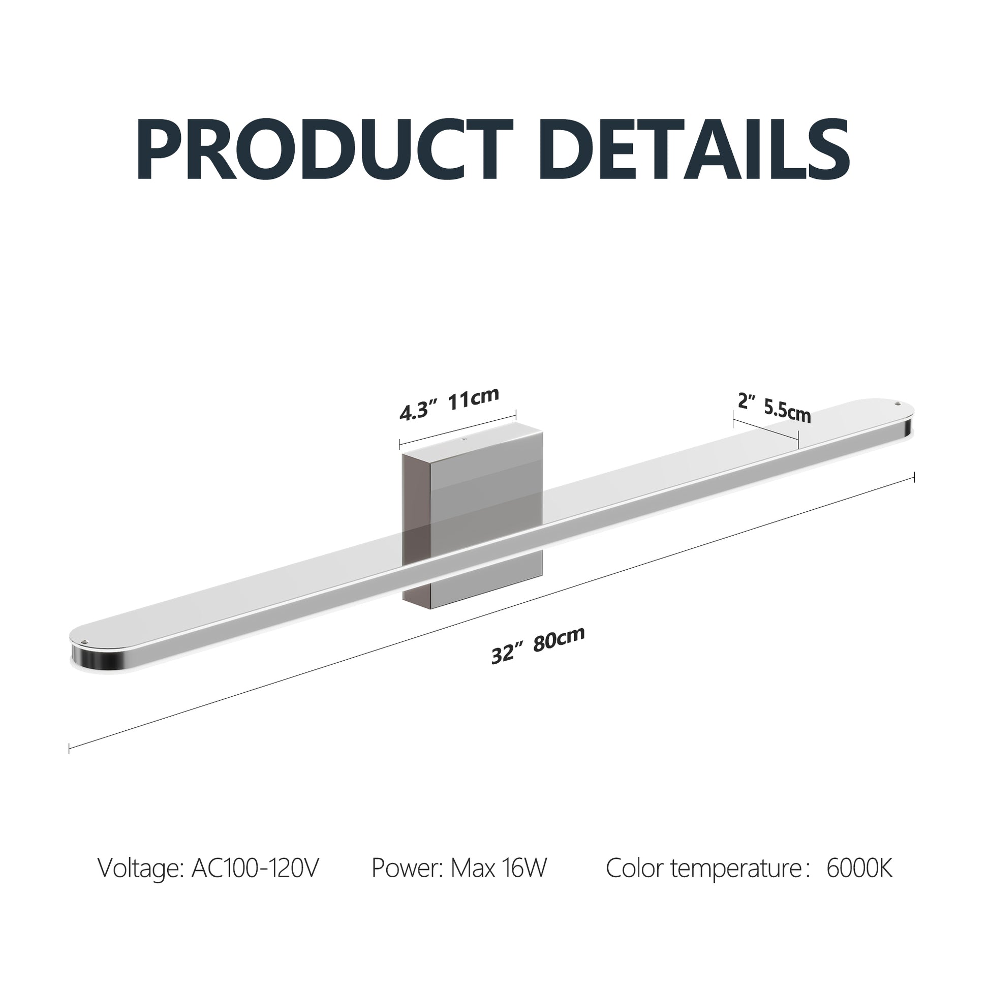 Modern LED Vanity Lights For Bathroom 32IN 16W Daylight White Chrome L